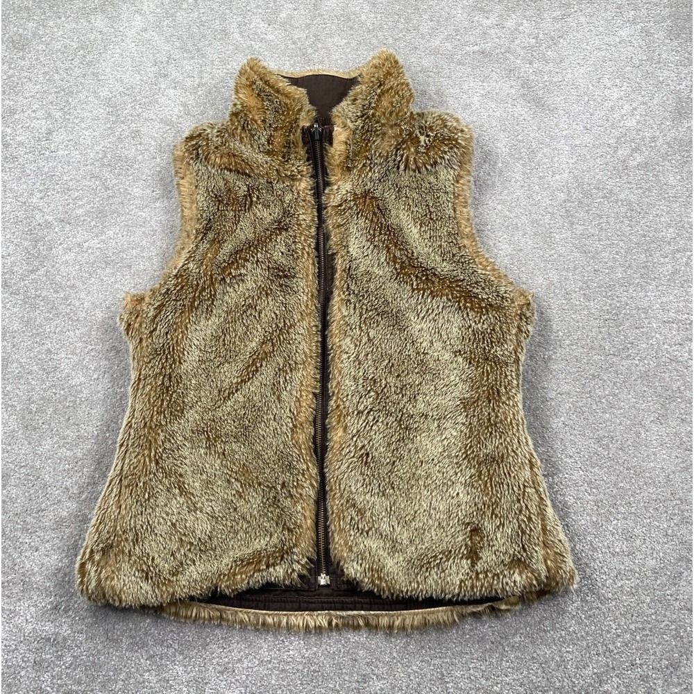 Women's Faux Fur Reversible Vest Sleeveless Size M Canvas Brown Full‎ Zip Up